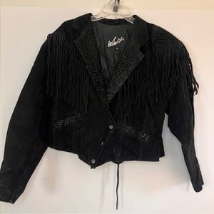 Vintage Fringe Winlit Leather Suede Women L Black Snape Western Biker Jacket